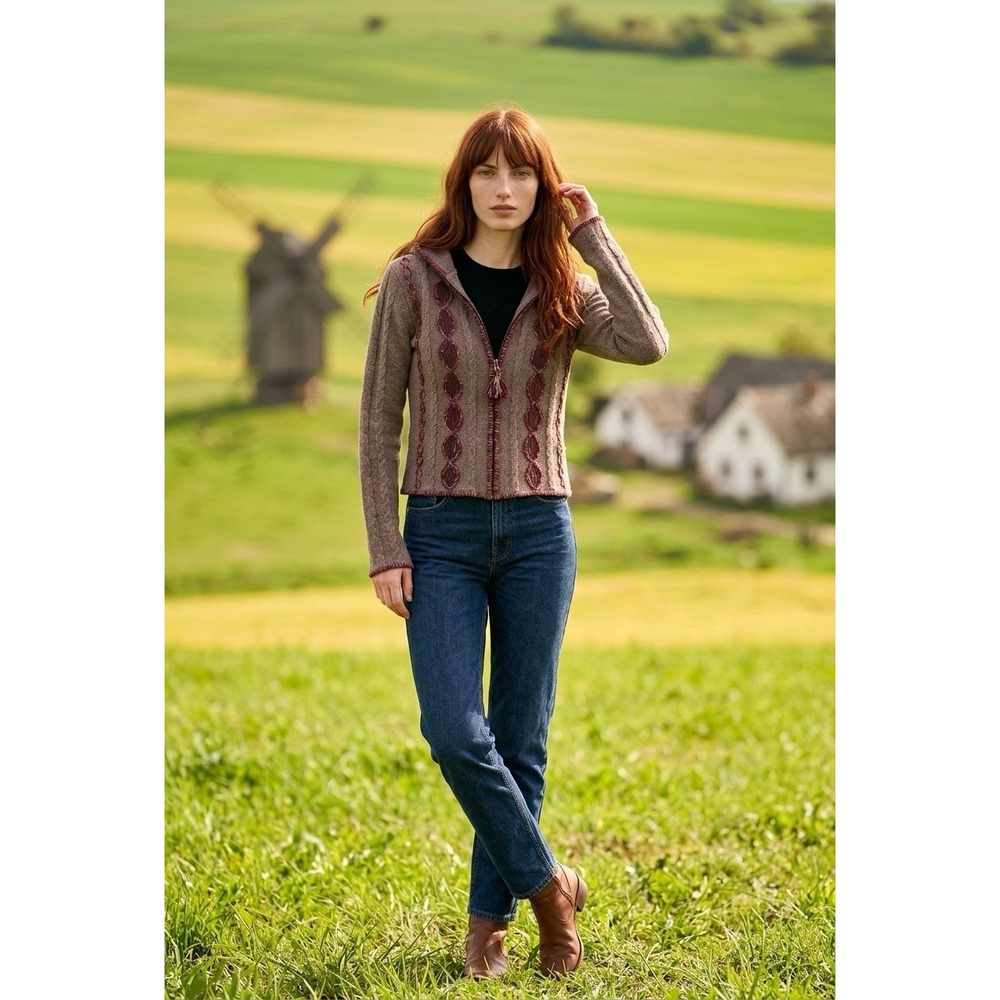 Free People Wool Blend Hooded Cable Knit Cardigan Sweater Taupe Burgundy M/M